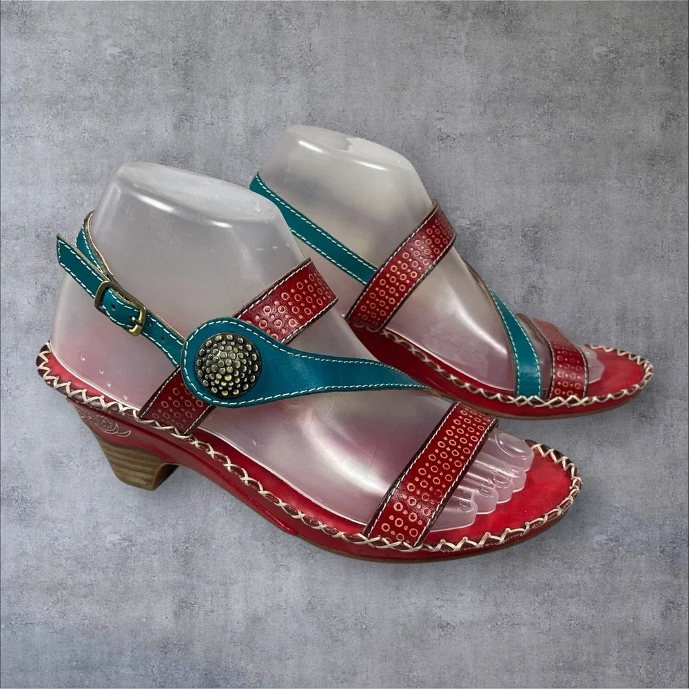L'Artiste Dreamer Red Teal Leather Strappy Mid-Heel Sandal Womens 37 Boho